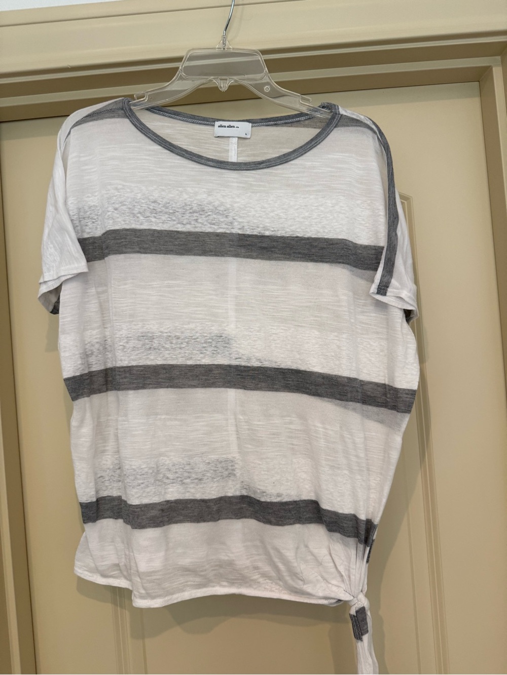 Allen Allen White and Gray Striped Short Sleeve Tee with Side Tie